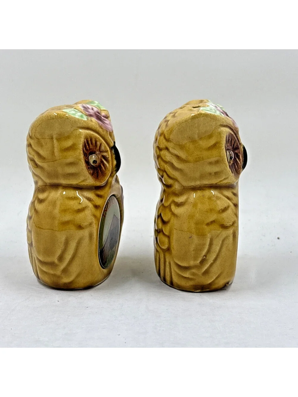 Owl Salt and Pepper Shakers Floral  Vintage Indiana Bridges Souvenir pieces